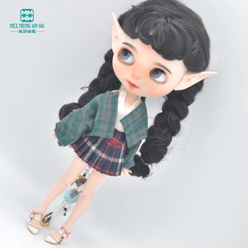 New 28-30cm Blyth Azone OB22 OB24 Doll Clothes Fashion Woolen Jacket Plaid Top Mini Skirt