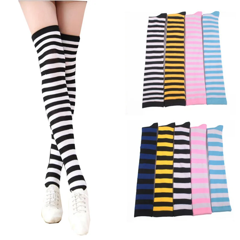 17 Colors Womens Autumn Winter Warming Stripes Stockings Cotton Blended Thigh Highs For Anime School Uniforms