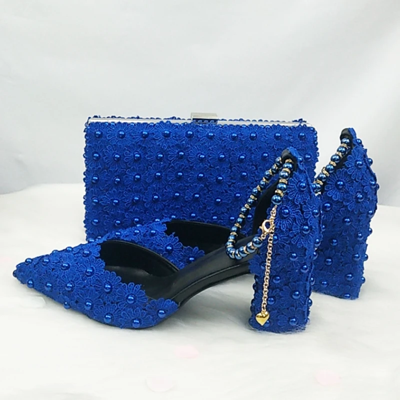 BaoYaFang Royal Blue Beads Flower Strap wedding shoes Bride Pointed Toe Square Thick High Heel Party dress shoes and bag set