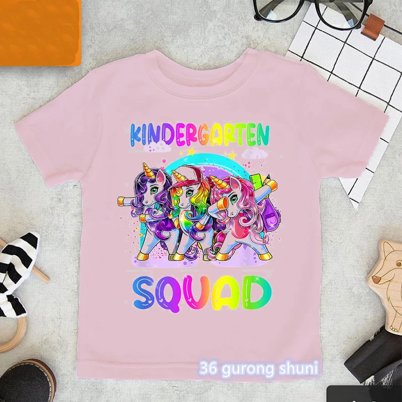 

New First Day School Shirt Dinosaur Rainbow Horse Hello Kindergarten T Shirt Outfit Funny Kids Clothes Harajuku Girls T-Shirt