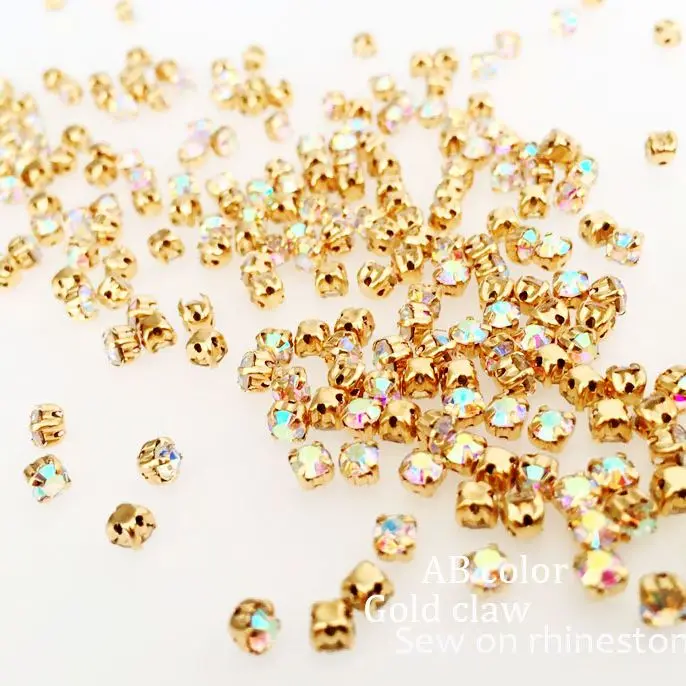 Free shipping AB color glass square shape sew on rhinestones gold claw,DIY clothing accessories