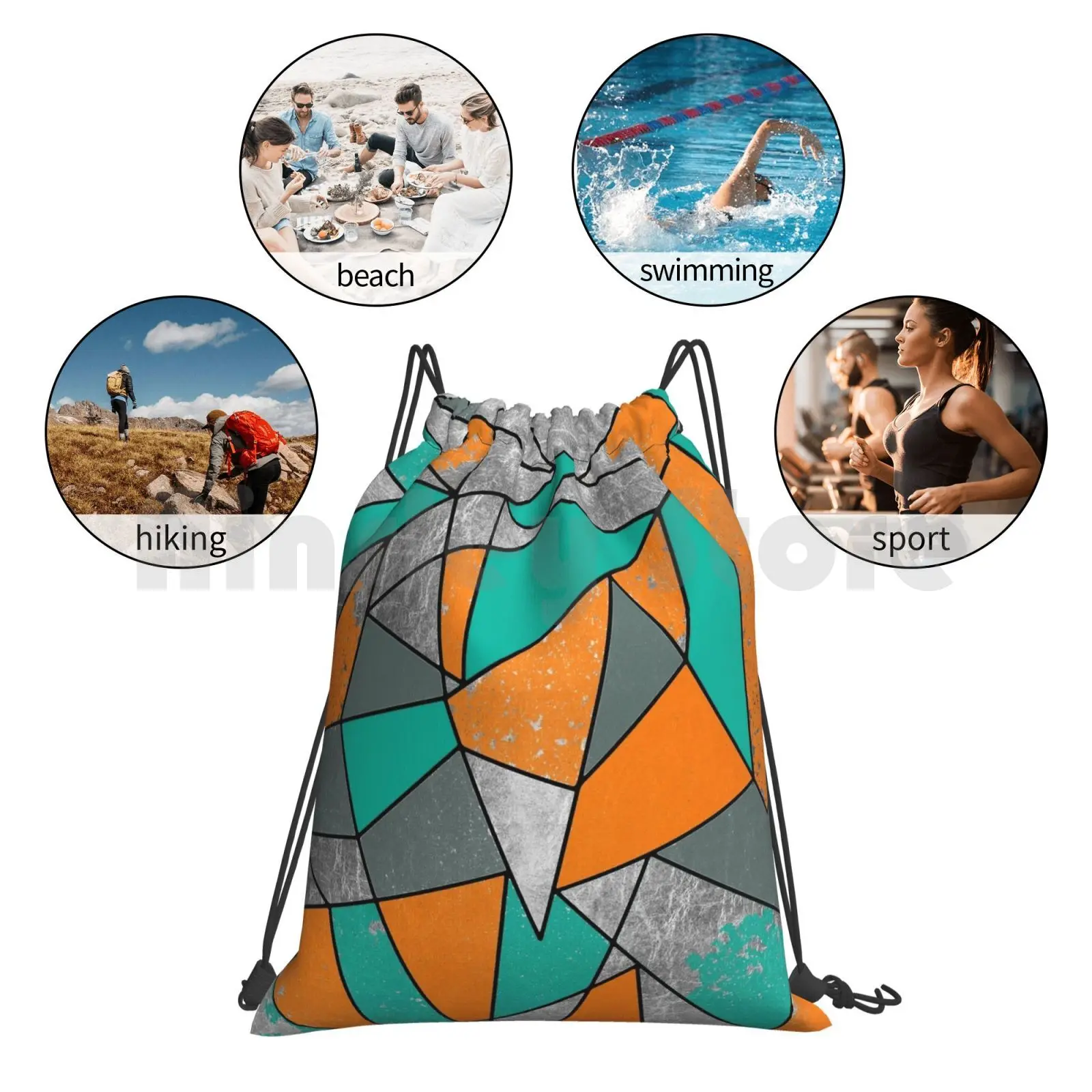 Modern Rustic Orange Teal Gray Silver Geometric Backpack Drawstring Bag Riding Climbing Gym Bag Modern Geometric Simple