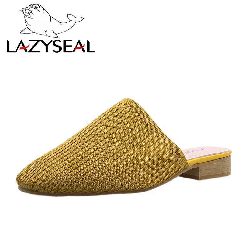 LazySeal Women Mules Knit Fabric Slippers Med Chunky Heel Casual Summer Stretch Fabric Heels Sandals Women Slides Pumps 3 CM