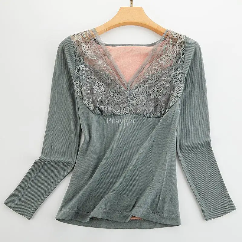 Women Fleece Thermal Underwear Lace Winter Tops Warm Slim Body Clothes Long Sleeves