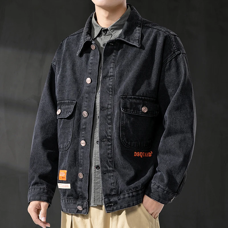 Three-color autumn 2021 men's new loose casual denim jacket fashion trend patch stitching jacket