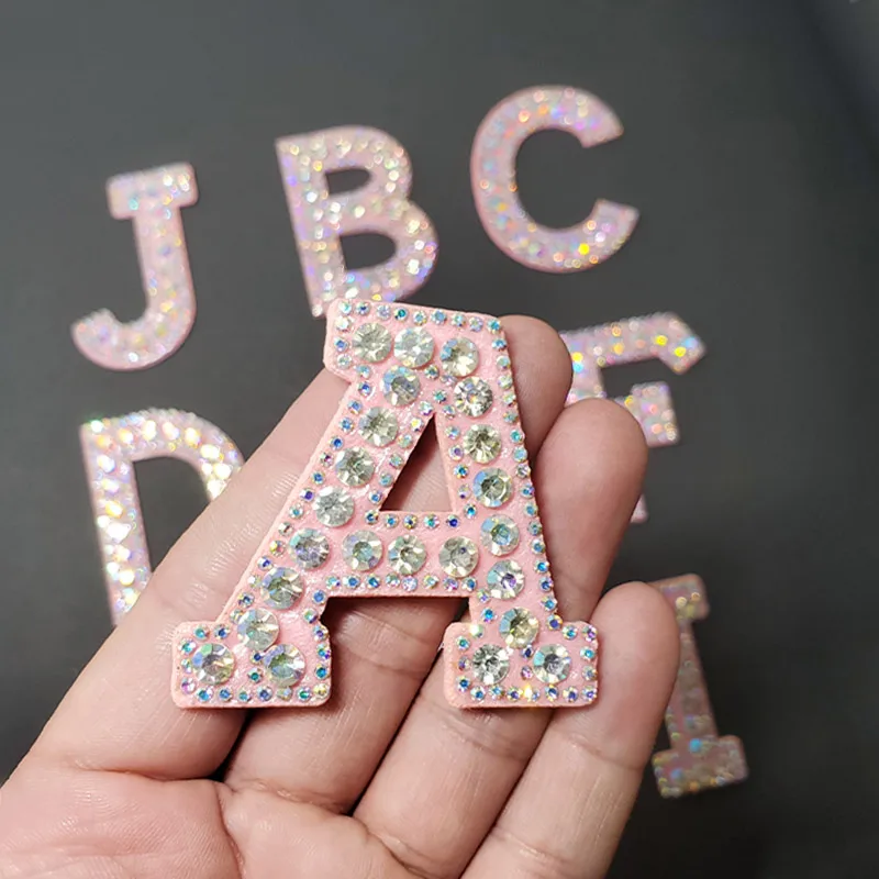 Pink A-Z Letter Rhinestone Alphabet Applique 3D Iron On Patch Clothing Badge Apparel Clothes Bag Shoe Garment Embroidery Patches