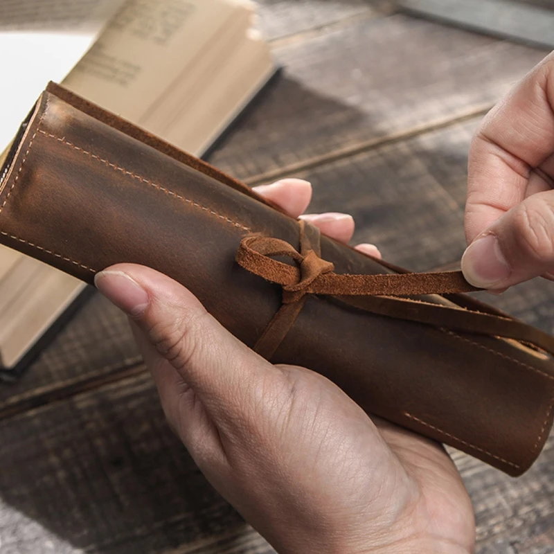 20CB Retro Pencil for Case Handmade Genuine Leather Roll Up Pen Curtain Bag Pouch Wrap Holder Stationery Supplies