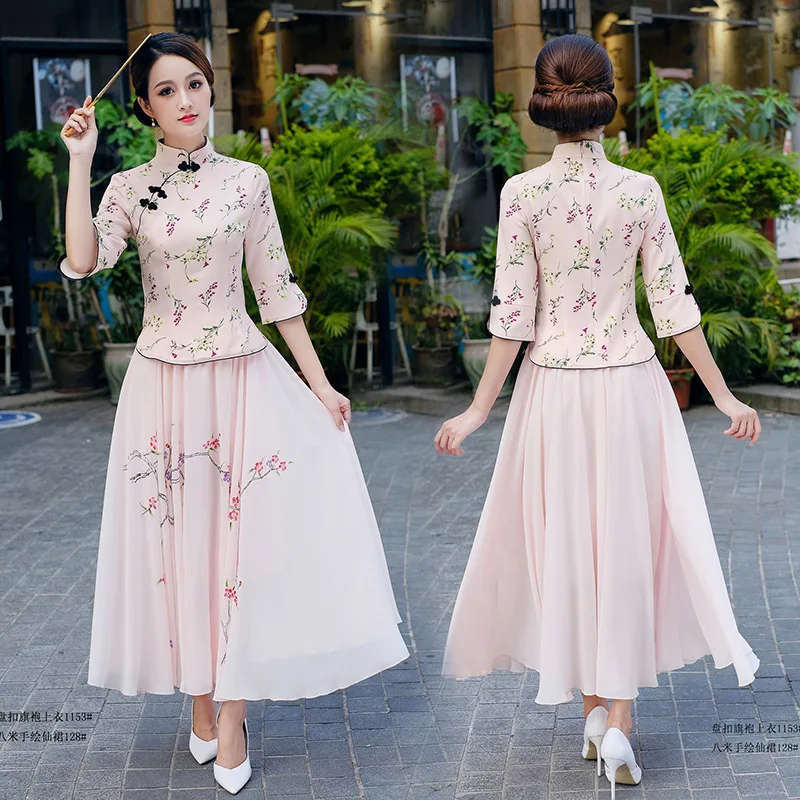 Sheng Coco Pakaian Tradisional Cina Wanita Segar Cheongsam Jaket Cetak Qipao Top Retro Hanfu Pakaian Camisa China Mujer