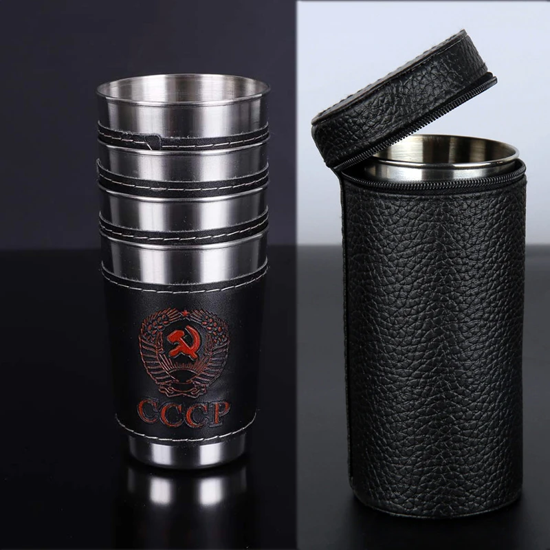 4Pcs/Lot 170ml Travel Cups Outdoor Camping Cup Tableware Home Wine Whiskey Mugs Stainless Steel With Black PU Leather For Hiking