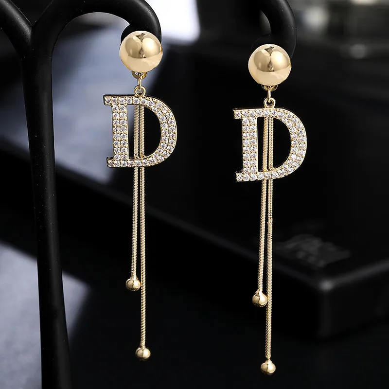 New Luxury Brand Long Tassel Drop Earrings for Women D Letter Crystal Snake Chain Fashion Jewelry Free Shipping No Minimum Order