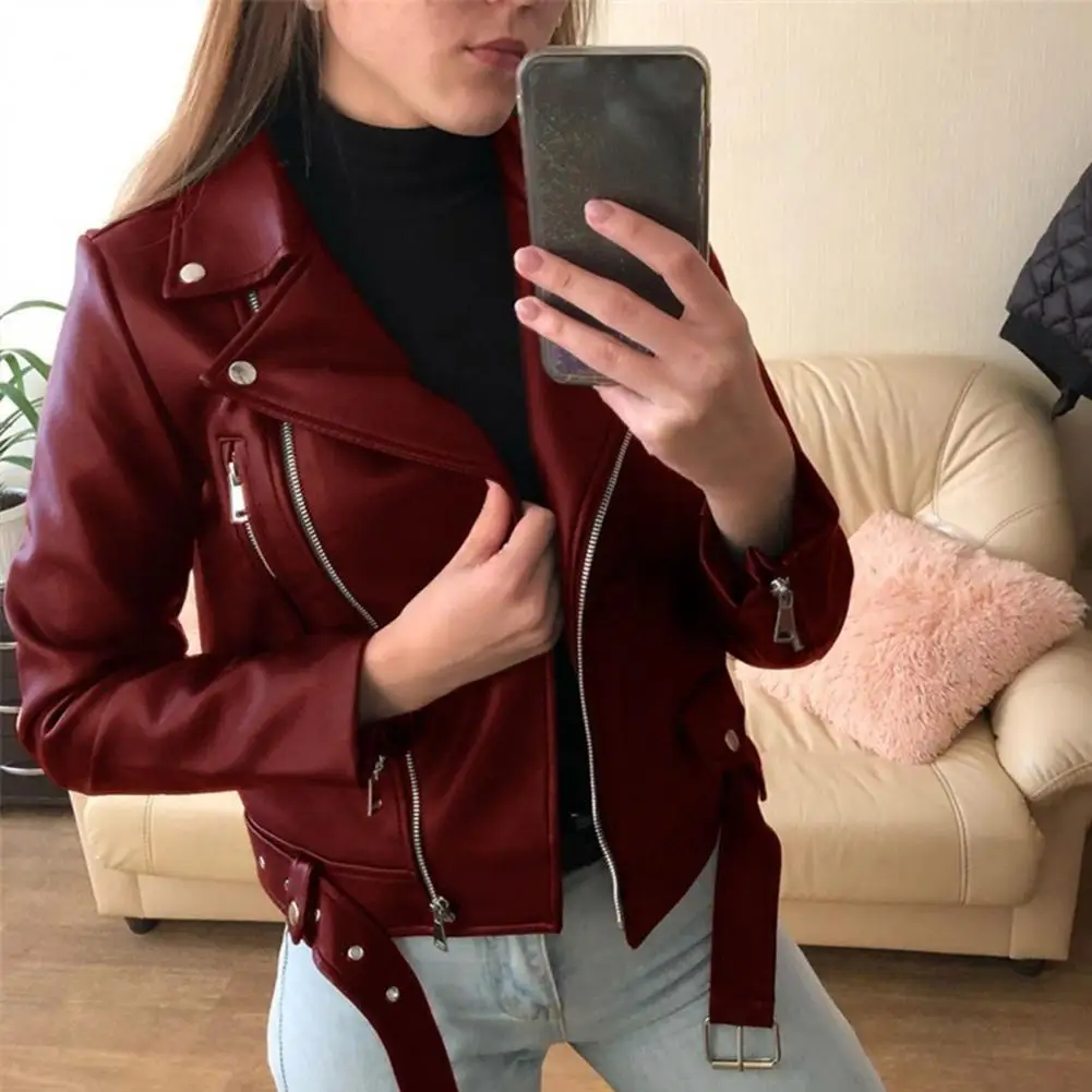 Màu Trơn Nữ Da Giả Áo Khoác Thu Đông Biker Áo Khoác Nữ Da Chống Thấm Nước Áo Veste Femme Кожаная Куртка Женская