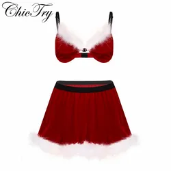 2Pcs Men Adults Soft Velvet Feathered Sissy Christmas Santa Costume Set Bra Top with Elastic Waistband Short Skirt for Cosplay