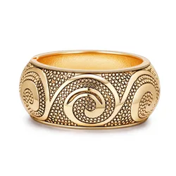 Ethnic Totem Metal Carved Wide Bangles Tibetan Gold Color Vintage Retro Tribal Bracelet Bangle Cuff For Women