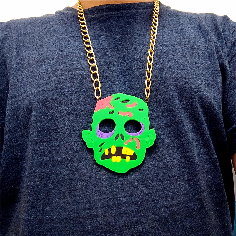 Green Zombie Big Pendant Necklace for Men Women Gold Color Chain Halloween Party Hiphop Roch Jewelry