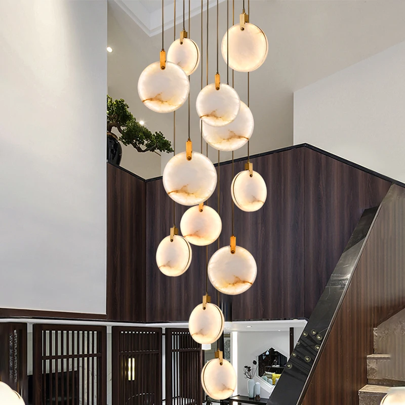 

Modern Marble Crystal LED Chandeliers For Staircase Living Room Luxury Round Cristal Hanging Lamps Villa Long Lighting Fixtures