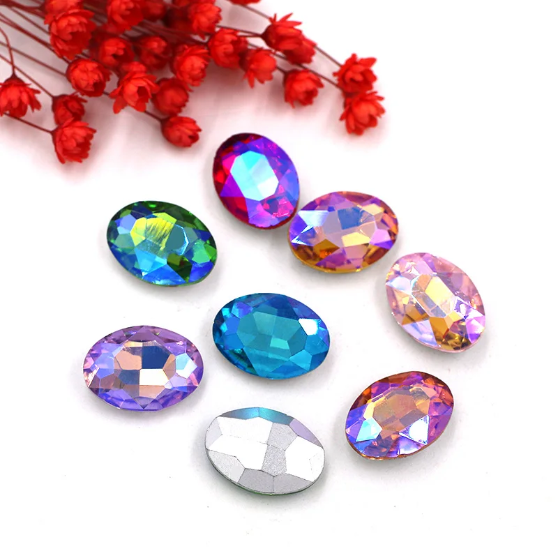 

Oval shape AB color Pointback crystal glass glue on rhinestones for clothing decoration