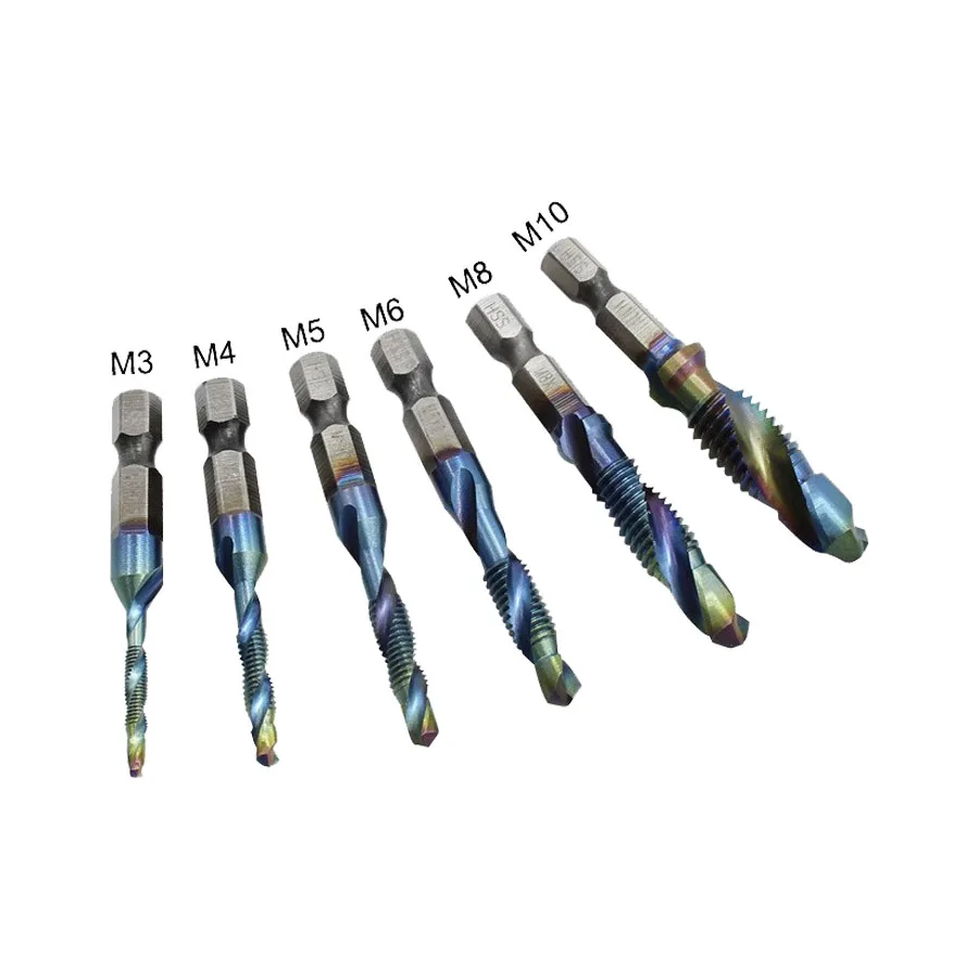 Three-in-one Spiral Drill Hole Tapping Chamfering High Speed Steel Blue Tap Drill Bit M3 M4 M5 M6 M8 M10 Hex Shank Compound Taps