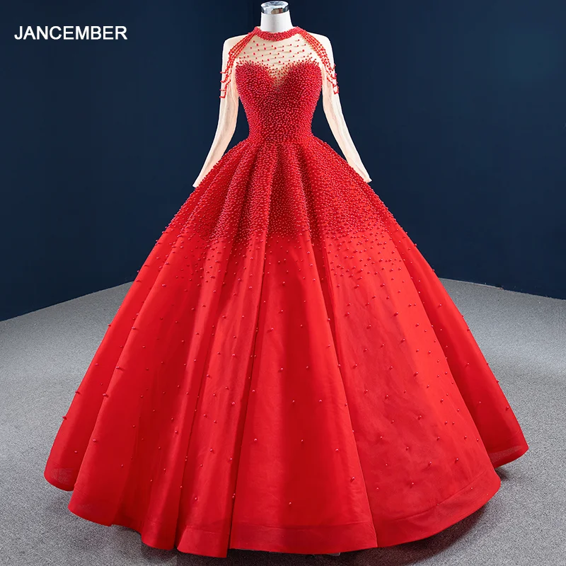 

J67198 Jancember Red High Neck Full Body Pearls Weeding Dresses 2020 Sequined Long Sleeve Lace Up Back