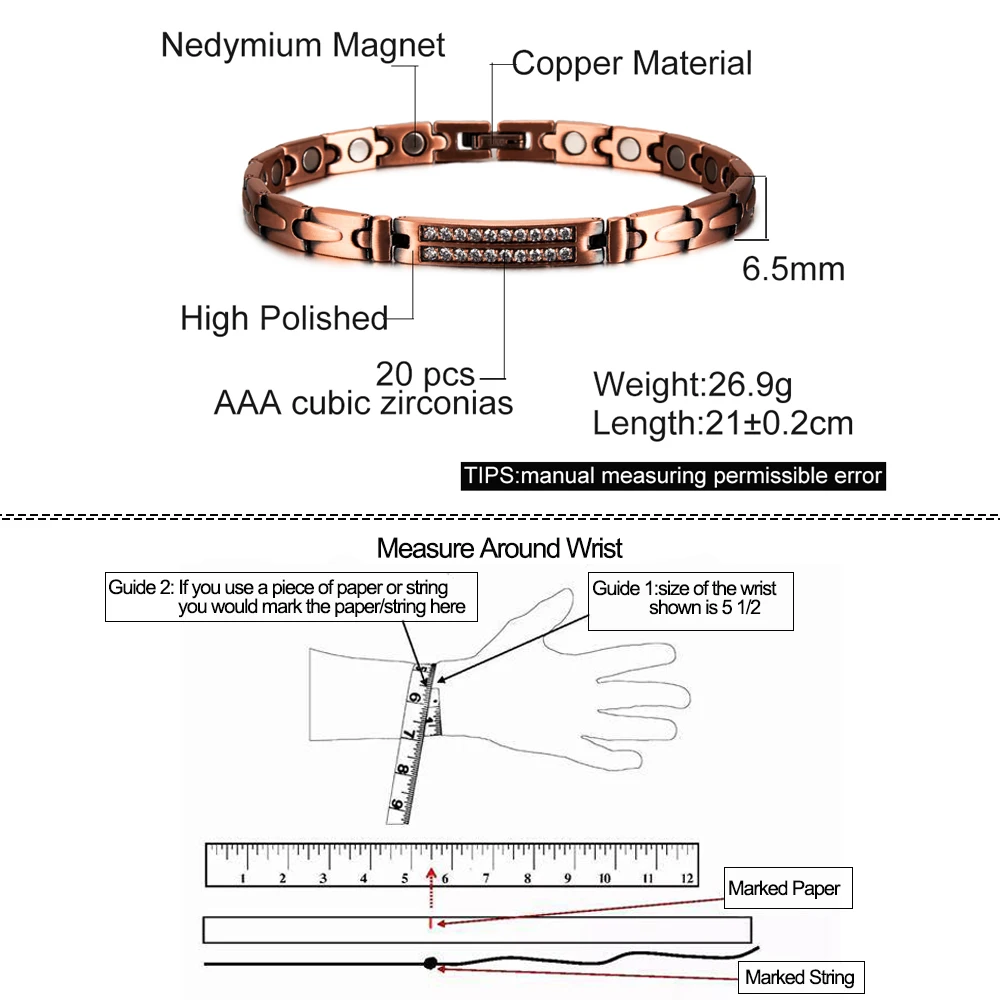 Magnetic Pure Copper Bracelets for Women Cubic Zirconia Chain Link Solid Metal High Magnet Jewelry Health Energy Arthritis