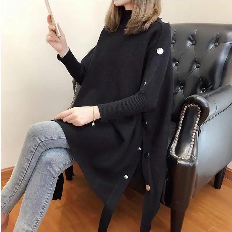 Bat Shirt Thick Pullover Sweater Jacket Women 2023 Autumn And Winter New Sweater Half-high Collar Cloak Cover Loose