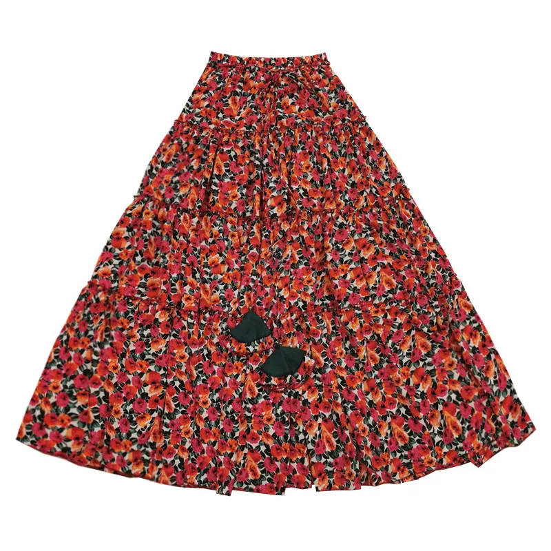 TIYIHAILEY spedizione gratuita 2021 New Fashion Long Maxi A-line Elastic Waist Women Summer Cotton Print Flower Red Big Hem Skirt