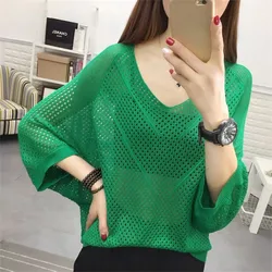 Sexy Women Knitted Pullover Mesh Hollow Top Female Spring Summer Fashion Bat Sleeve V-Neck Loose Ladies Thin Clothes Tide G1144