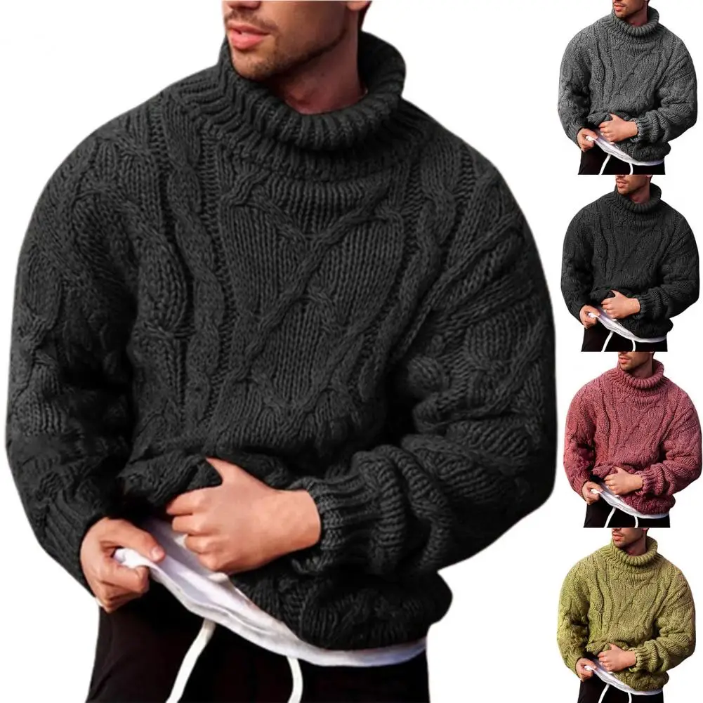 Long Sleeve Thickened Men Sweater Coarse Woolen Yarn Turtleneck Twist Ribbed Knitted Sweater for Autumn Winter