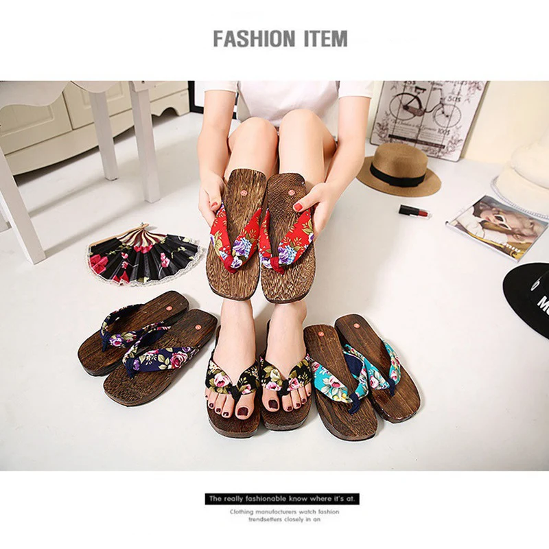 

Japanese Traditional Style Anime Cosplay Costumes Kimono Geta Summer Sandals Women Wooden Flat Shoes Clogs Slippers Flip-flops