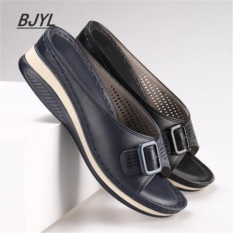 Large Size Slippers Female 2021 Summer One-word with Fish Mouth Sandals and Slippers Slope Heel Platform Slope Heel Casual Shoes