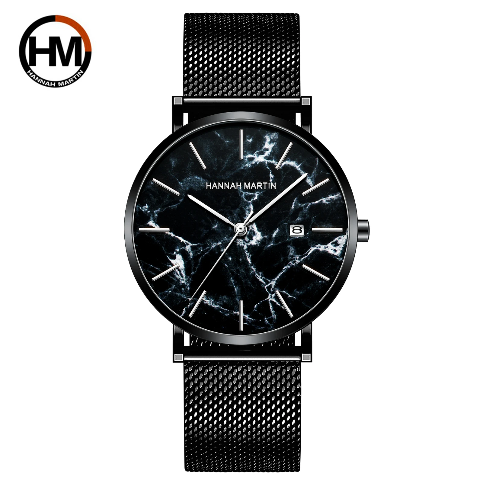 Top Japanese Movement Simple And Fashionable Men\'s Sports Watch Black Marble Pattern Mesh Belt Waterproof Calendar Quartz Watch