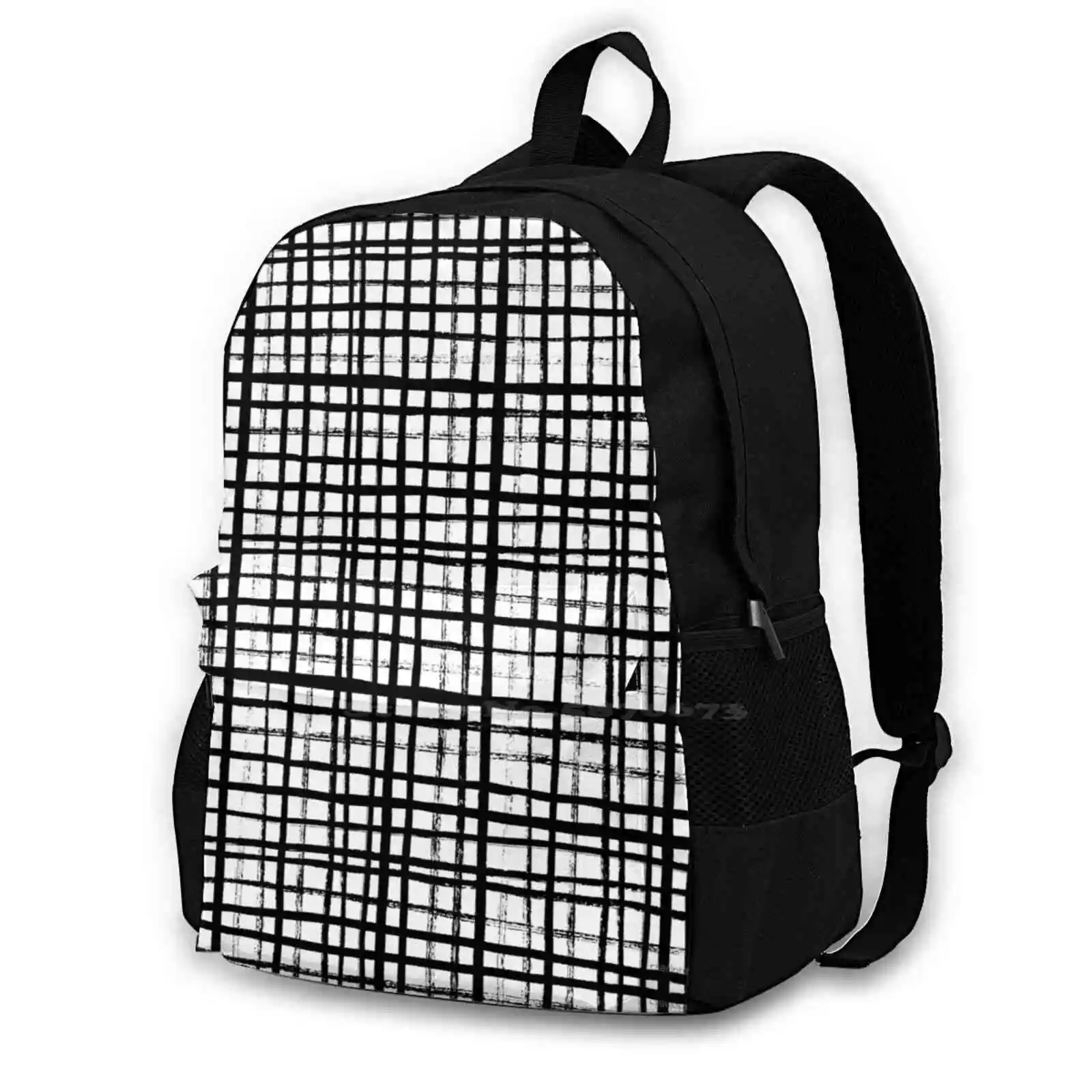 - Grid Black And White Bw Grid Square Paint Design Art Backpacks For School Teenagers Girls Travel Bags Pattern Black And White