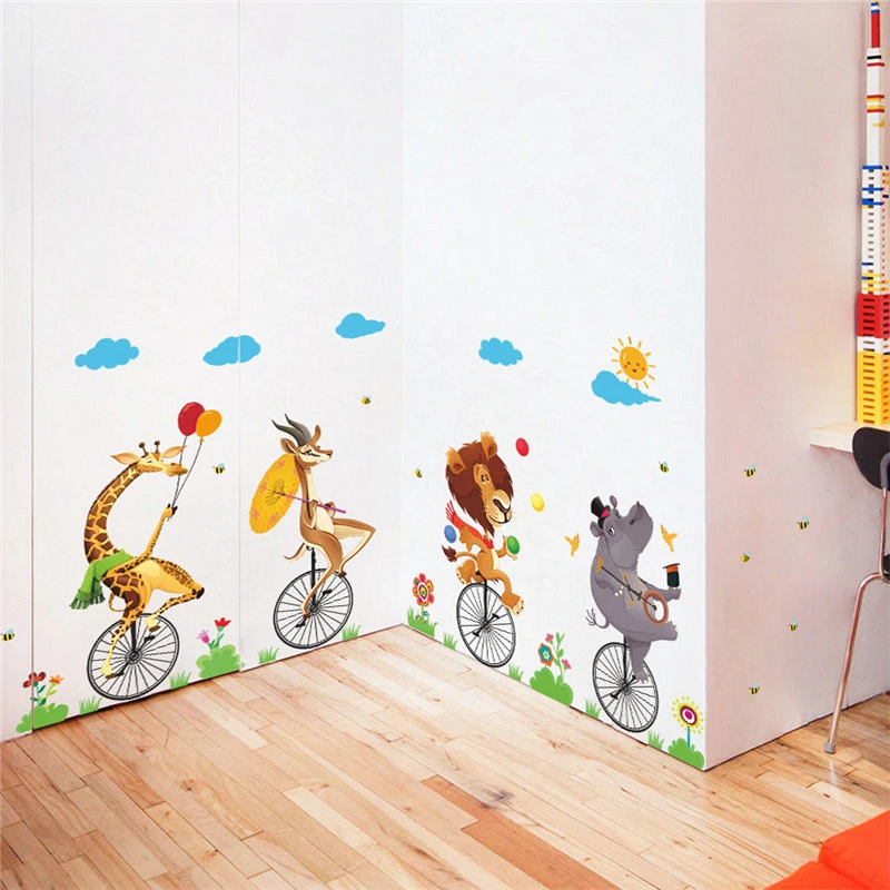 Cartoon Circus Animal Riding Unicycle Bike Wall Stickers For Kindergarten Kids Room Home Decoration Mural Art Pvc Wall Decal