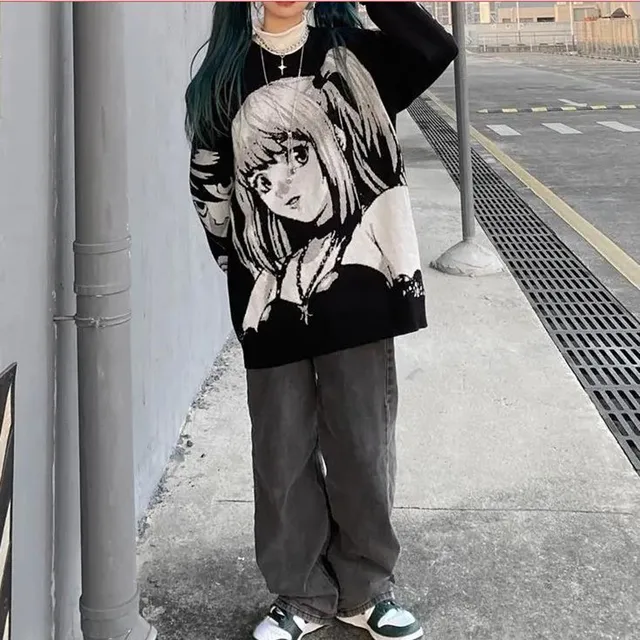 Zimowe ubrania estetyczne japońskie Anime sweter kobiety gotycka bluza z kapturem Death Note swetry E dziewczyna Misa Amane bluza Kawaii Emo