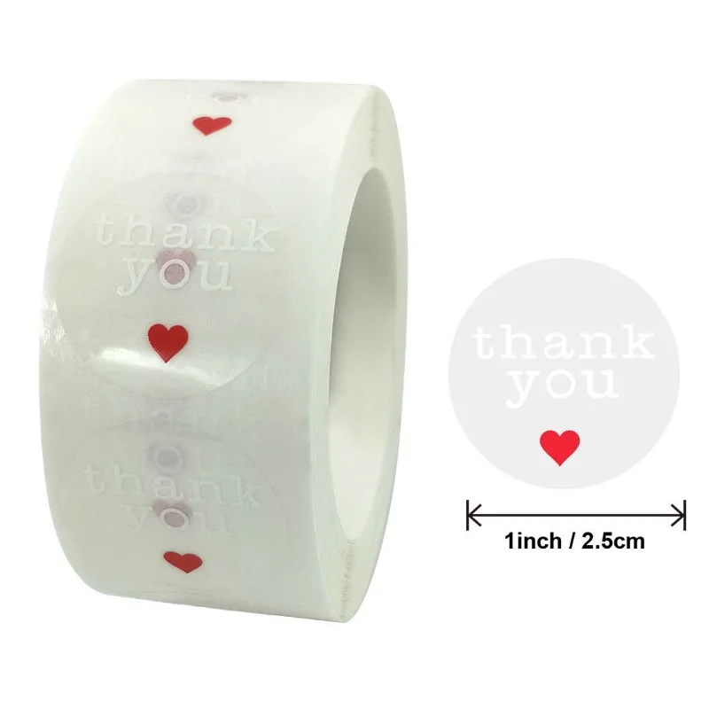 Transparent Round Thank you Sticker 1 inch Clear Red Heart thank you Self Adhesive Label Stickers 100/500pcs