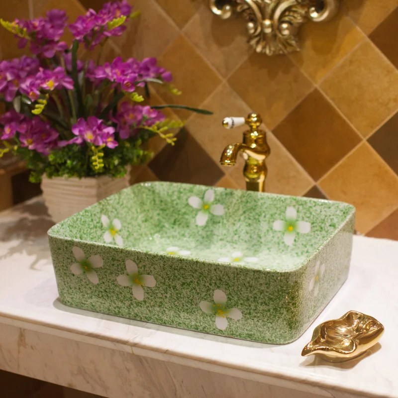 Colorful Natural Glazed Flower Rectangle Art Wash Bathroom Sink For Home Ornaments