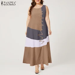 Kaftan Color Stitching Maxi Dress Women Summer Sundress ZANZEA 2023 Casual Sleeveless Tank Vestidos Female O Neck Robe Plus Size