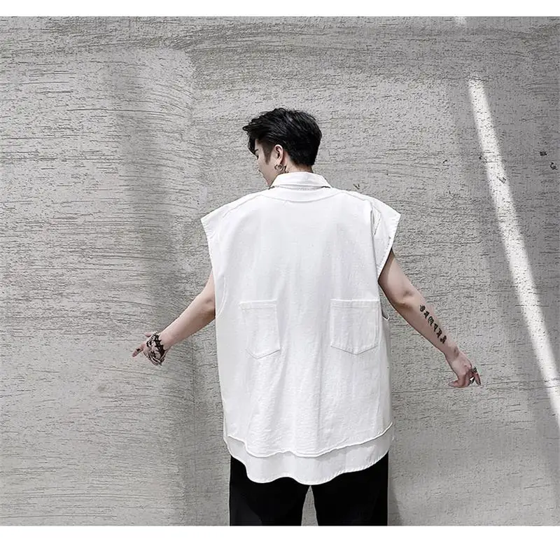 Men's New Back Pocket Splicing Street Style Urban Youth Fashion Hip-Hop Casual Loose Large Size Sleeveless Black And White Shirt