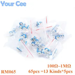 65pcs/lot RM065 Trimpot Trimmer Potentiometer Variable Resistor Kit Horizontal Adjustable Resistance 100R-1M Component Bag