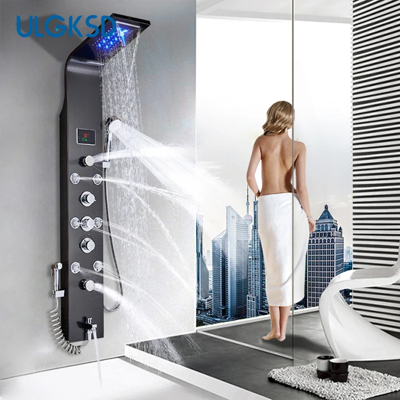 Luxury Bathroom Shower Panel Waterfall Rainfall Shower Head Hot Cold Mixer Tap Bidet Faucet with Handshower Massage Jets Spout