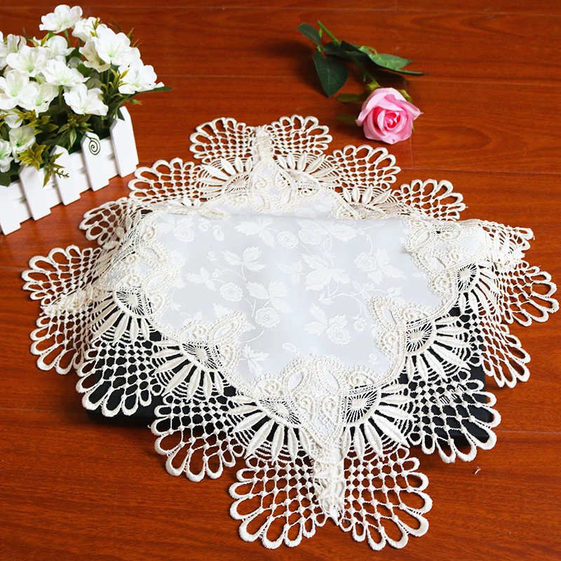 British Style Simple Brocade Lace Trim Square Placemat Coaster Balcony Coffee Round Table Mat Furniture Cover Party Decoration