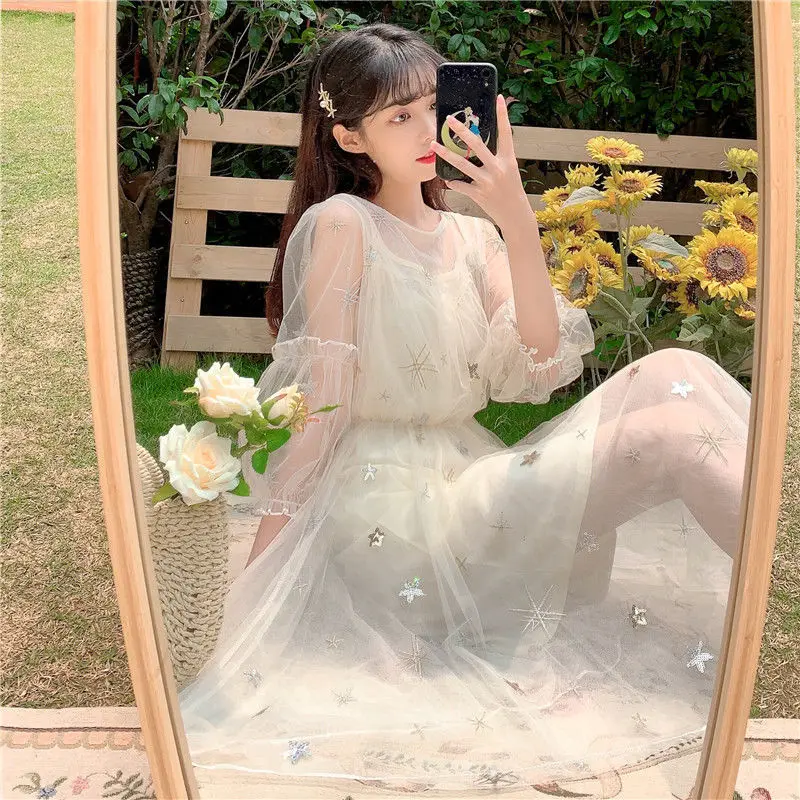 korean ulzzang style dress Women Short Sleeve Dresses V-neck Puff Sleeves Female Elegant Side-slit  Dress Holiday Fashion Korean Ulzzang Chic Vestido