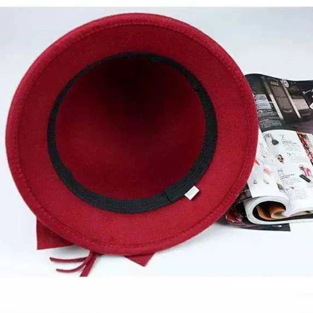 2019 New Elegant Flower Women Round Bowler Cap Imitation Wool Bowknot Fedoras Bucket Hat Vintage Brim Chapeu Feminino Gorra