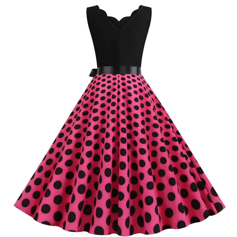Polka Dot Print Women Summer Dress Black Patchwork Sleeveless V Neck Elegant Vintage Party Casual Midi Dress