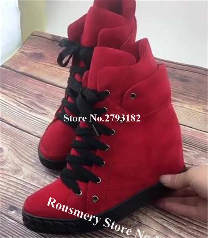 

Winter Women Warm Suede Leather Inside Wedge Short Boots Red BlackSilver Lace-up Height Increased Wedges High Quality Shoes