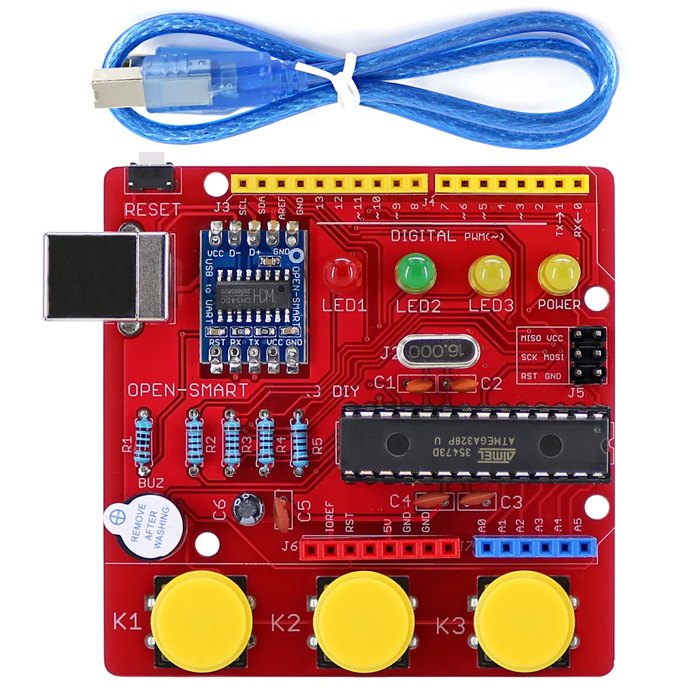 OPEN-SMART Red DIY ATmega328P Development Board Module CH340 Driver with Buzzer LED Button Compatible for Arduino