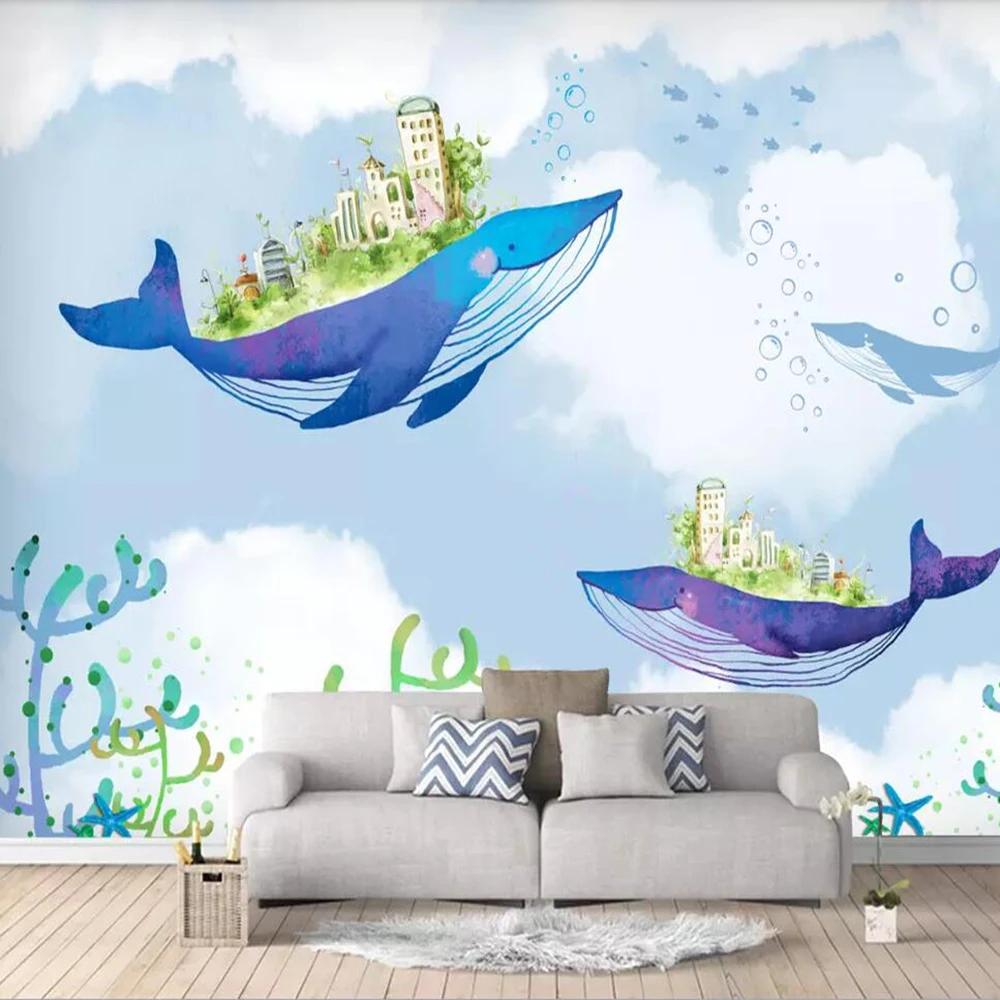 Milofi custom 3D wallpaper mural Nordic cartoon whale children's room background wall living room bedroom decoration painting wa