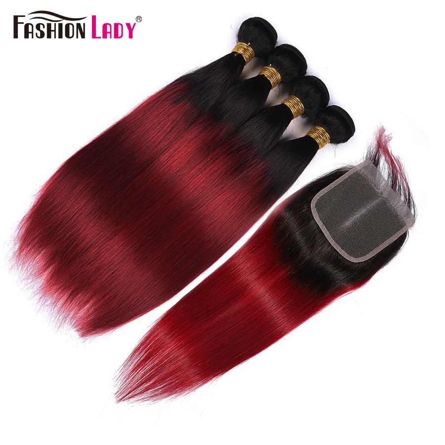 Ombre Bundels Met Sluiting 1B Bordeaux Peruaanse Haar Bundels Met Sluiting Red Human Hair Straight Bundels Met Sluiting Niet-remy