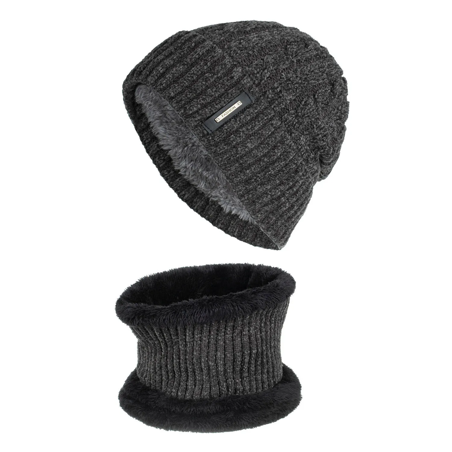 Gorro con forro polar grueso para hombre y mujer, gorro cálido de punto de chenilla, bufanda, Color sólido, cuello, Invierno