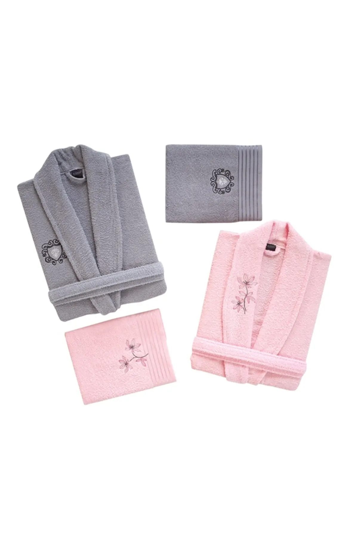 Nakkısh Embroidered 100% Cotton 4 Piece Bathrobe Set-LOREN NK100395  Made of 100% Cotton Yarn. High Water Absorption 4 Piece