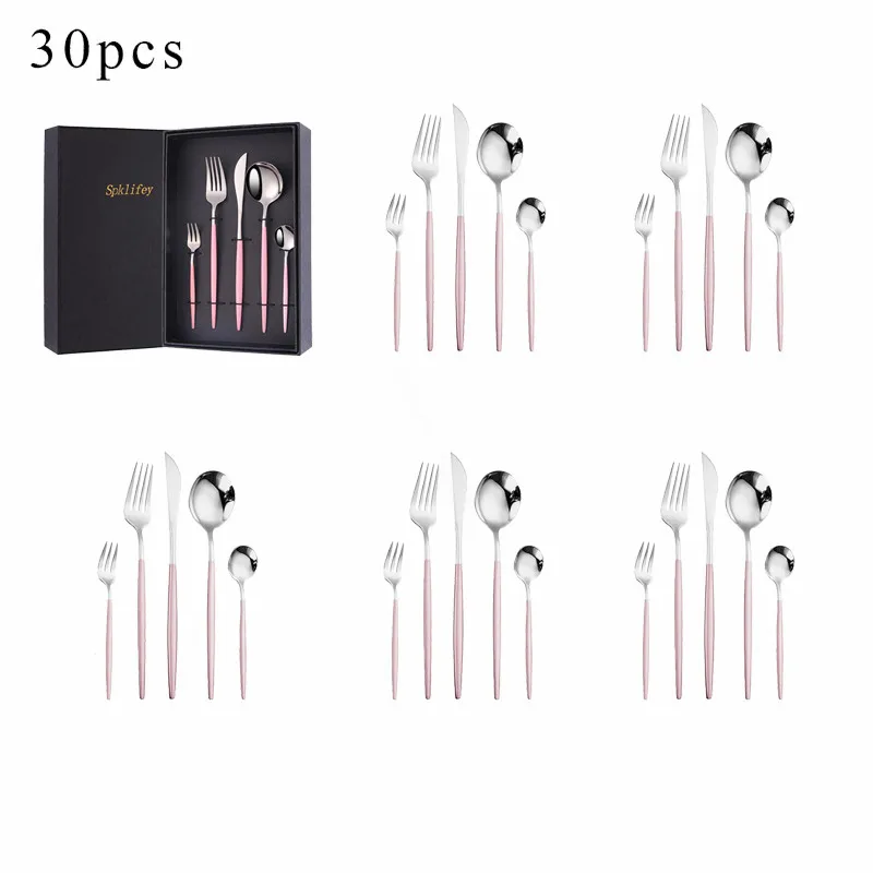 Spoon Pink Silver Stainless Steel Cutlery Set Kitchen Complete Tableware Set Knife Fork Spoon Travel Set Home Kitchen Dinnerware